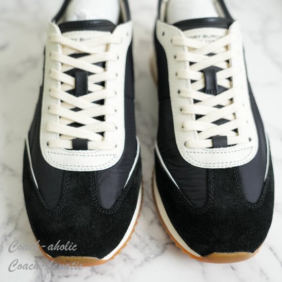 NIB Tory Burch T-Logo Nylon Suede Vintage Sneaker 2.0 in Black/White - Picture 7 of 11